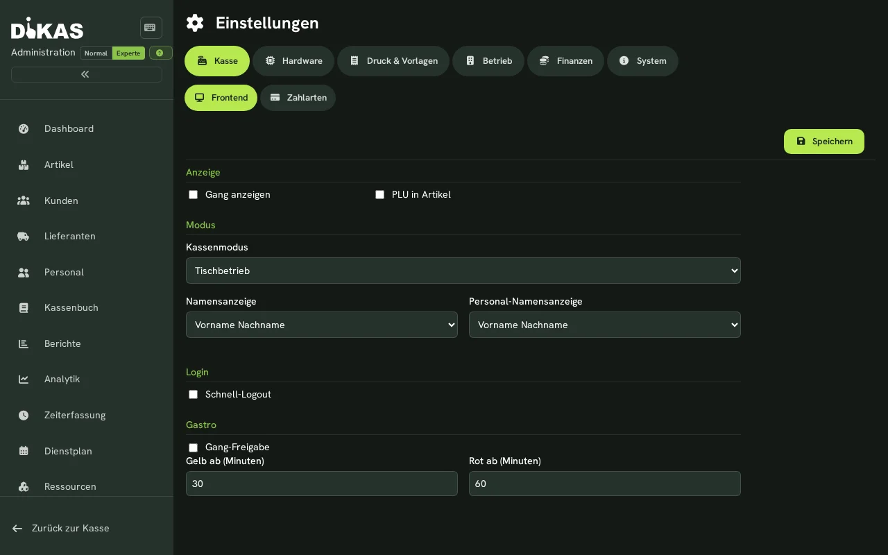 Kasse/Frontend-Einstellungen