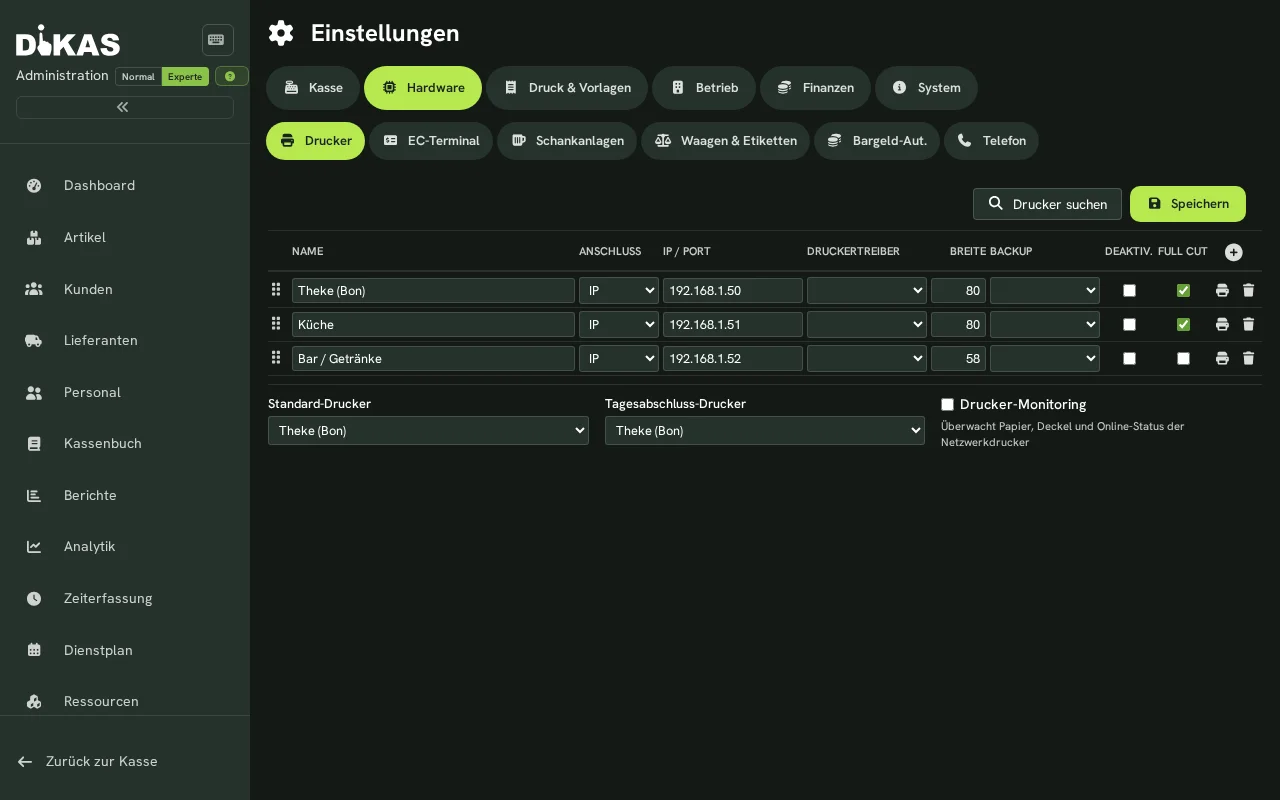 Drucker-Einstellungen mit Druckerliste