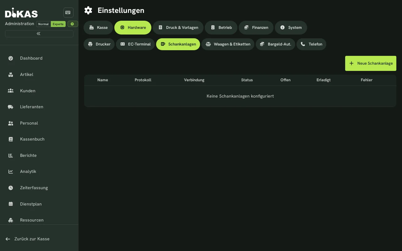 Schankanlagen-Einstellungen