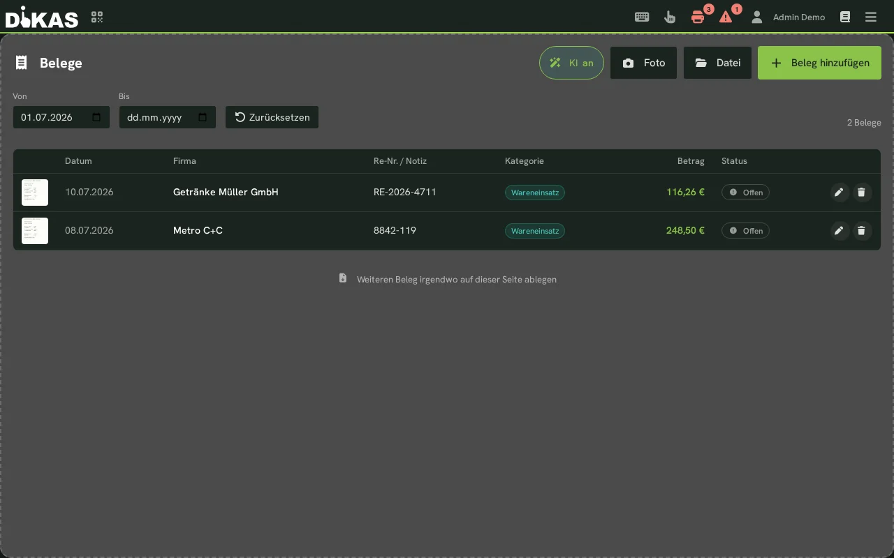 Receipt overview with tiles