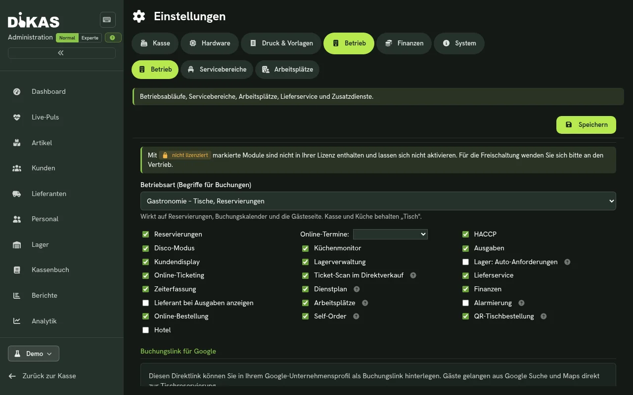 Admin → Einstellungen → Betrieb → Module mit eingeschalteter Lagerverwaltung